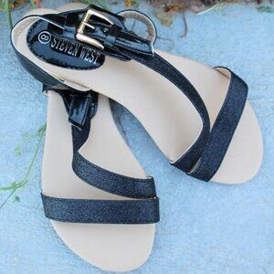 Black Glitter Sandals Shoes Strappy Gold Buckle 5